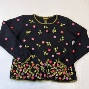 Candor Vintage Black Knit Sweater Embroidery Crochet Bouquet Floral size Medium